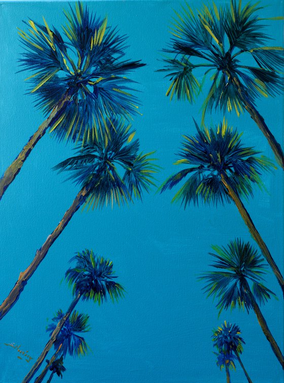 Palm Trees on the road, on Turquoise Background