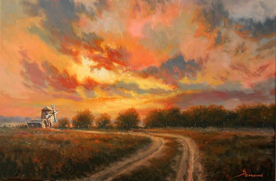 Road to the windmill,  sunset  landscape, modern impressionism