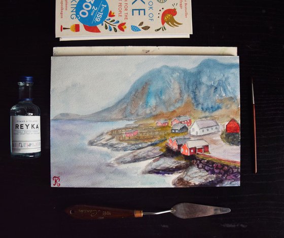 Christmas original Watercolor painting Hygge winter houses in Norway Village
