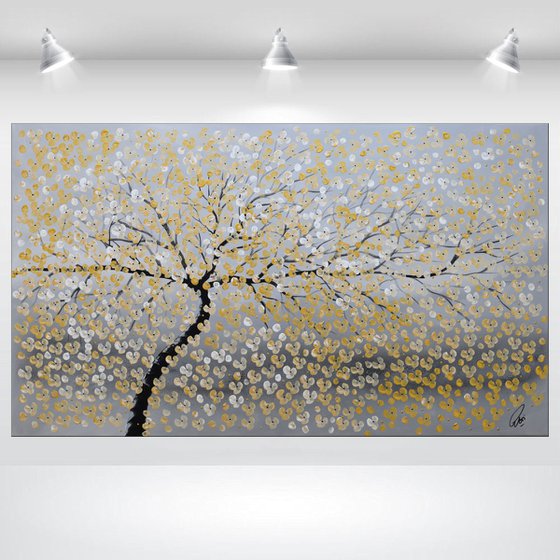 Golden Cherries - large acrylic abstract painting cherry blossoms nature painting canvas wall art