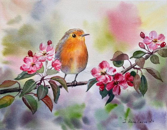Orange Bird on Blossoming Branch original watercolor painting, spring art gift for her