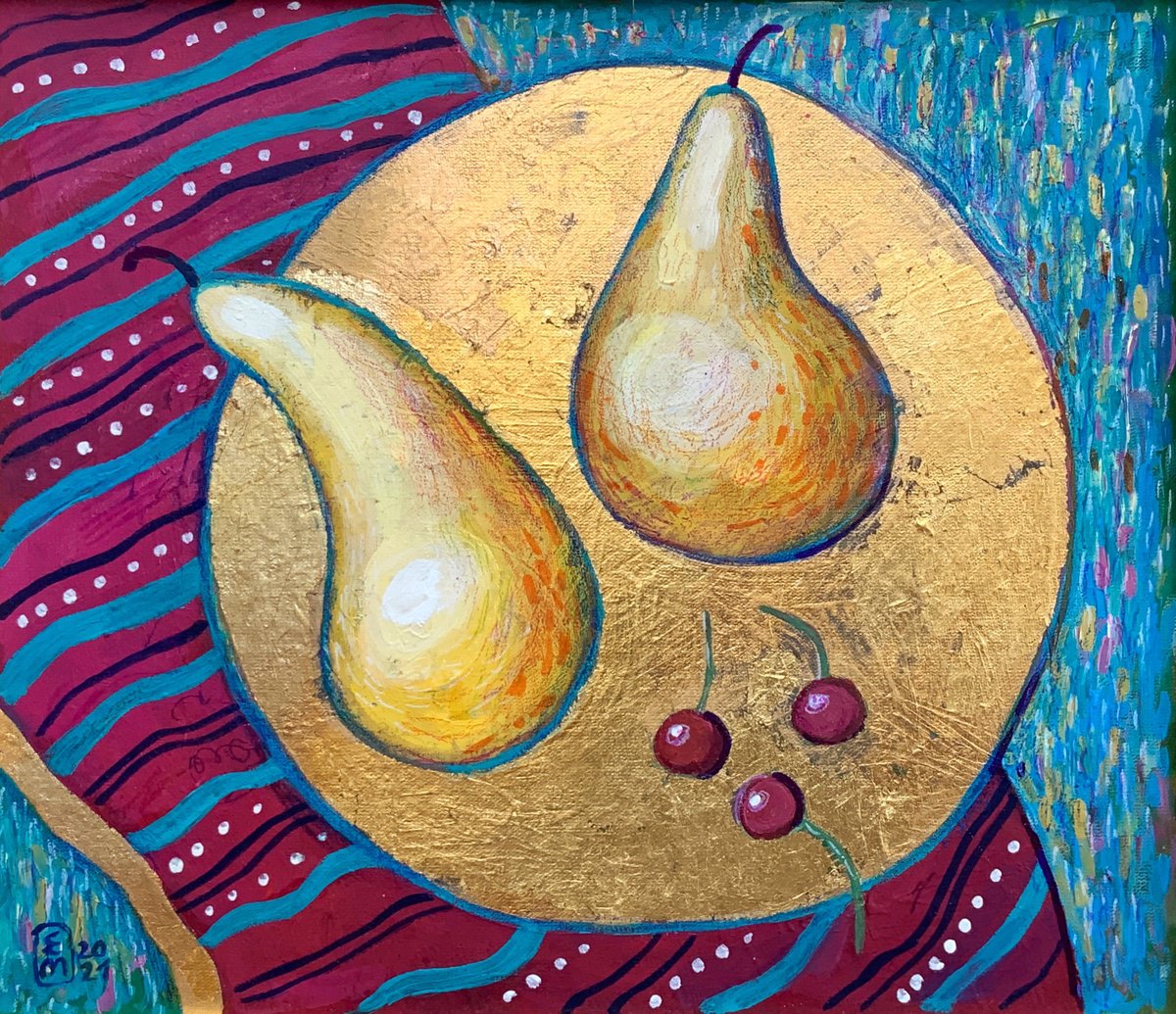 Naive Still Life Acrylic Painting By Elena Tomilova, 15 X 13, Golden Plate, Original Artwork