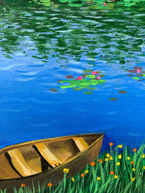 Boat near water lily pond ! A4 size Painting on paper
