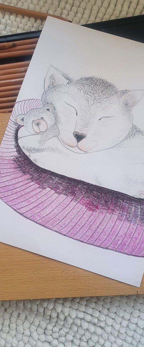 Cuddling with Teddy | Cat Drawing with Pencil and Watercolour Pencils A4 Size by Kumi Muttu