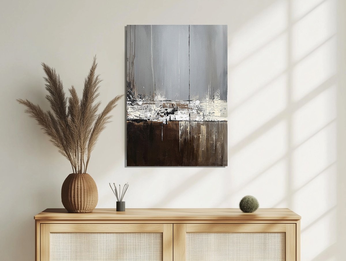 Geometric Landscape Acrylic Painting By Tatiana Malinovscaia, 20 X 28", Burnt Horizon Earth Tones, Original Artwork