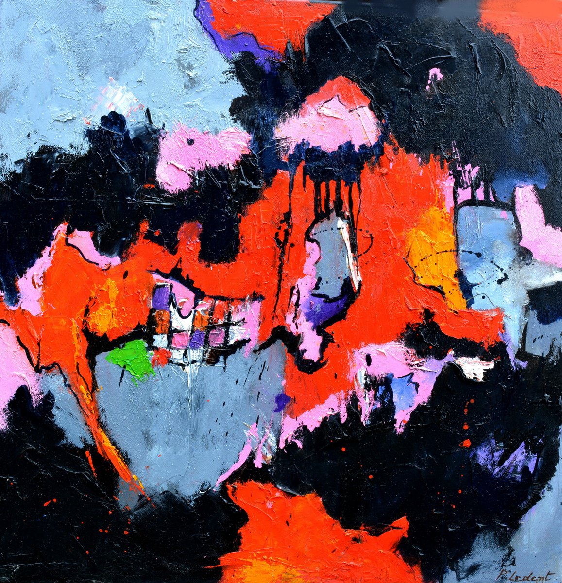 Abstract Oil Painting By Pol Henry Ledent, 24 X 24", Black And Red Always Match, Original Artwork