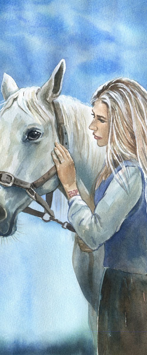 White horse portrait original watercolor painting small size by Julia Logunova