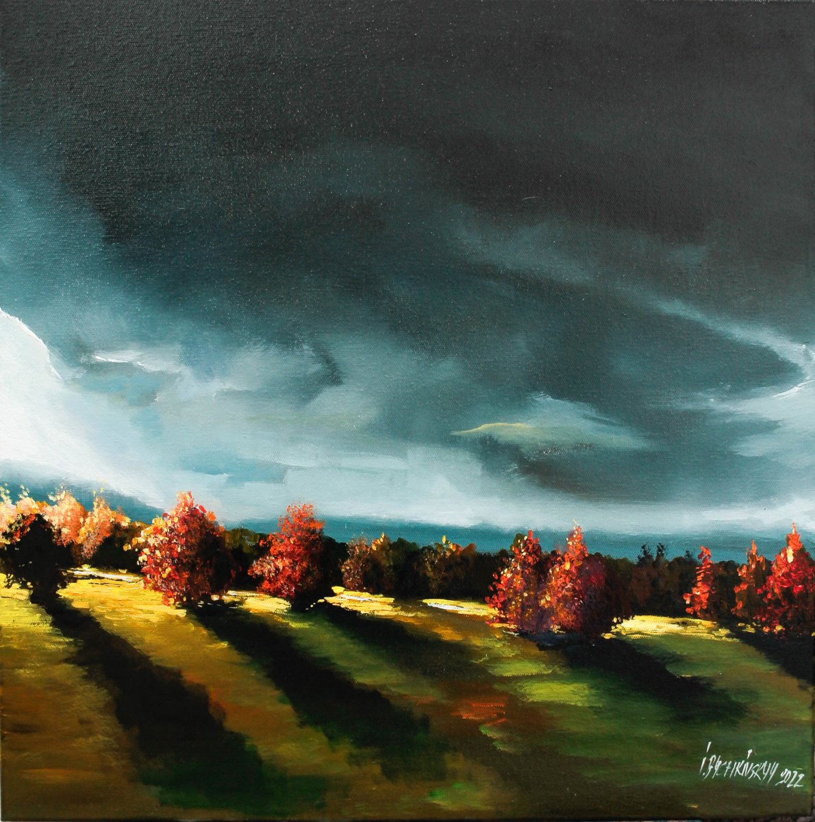 Impressionistic Landscape Acrylic Painting By Ihor Bychkivskyy, 28 X 28, The Last Autumn Storm, Original Artwork