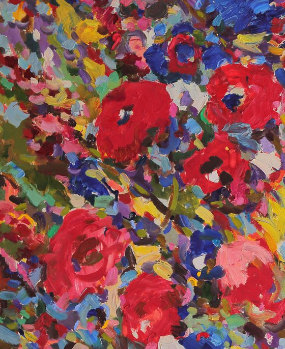 FLOWERING BUSH - floral art, abstract vivid original oil panting large size, interior art, home office decor