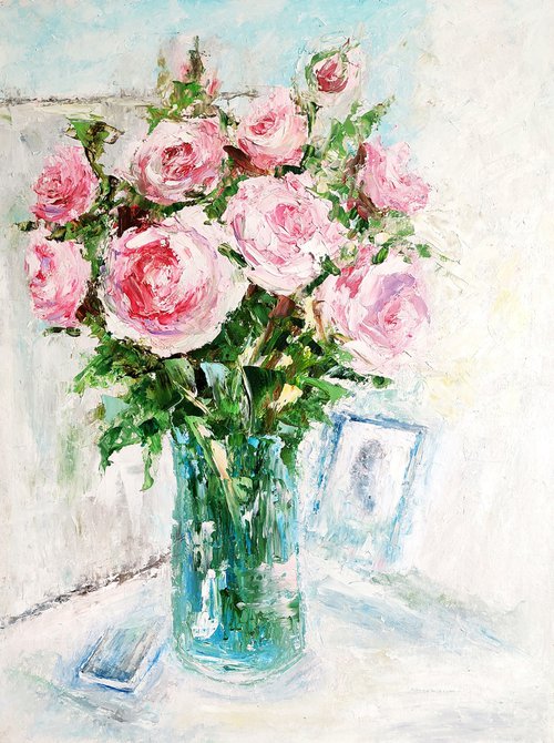 Roses Painting Original Art Pink Flower Bouquet Floral Wall Art by Yulia Berseneva