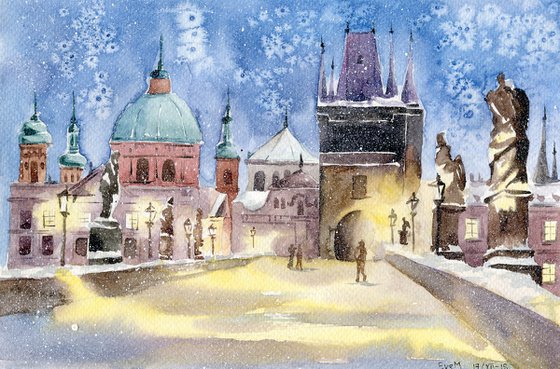 The Charles Bridge. Original watercolor artwork.