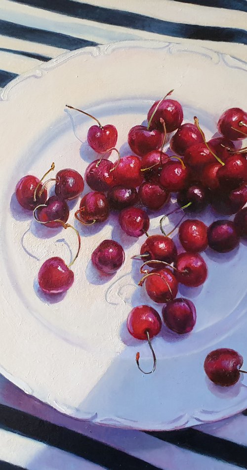"Ripe sweet cherries."  still life summer plant cherries red  liGHt original painting  GIFT (2020)) by Anna Bessonova (Kotelnik)