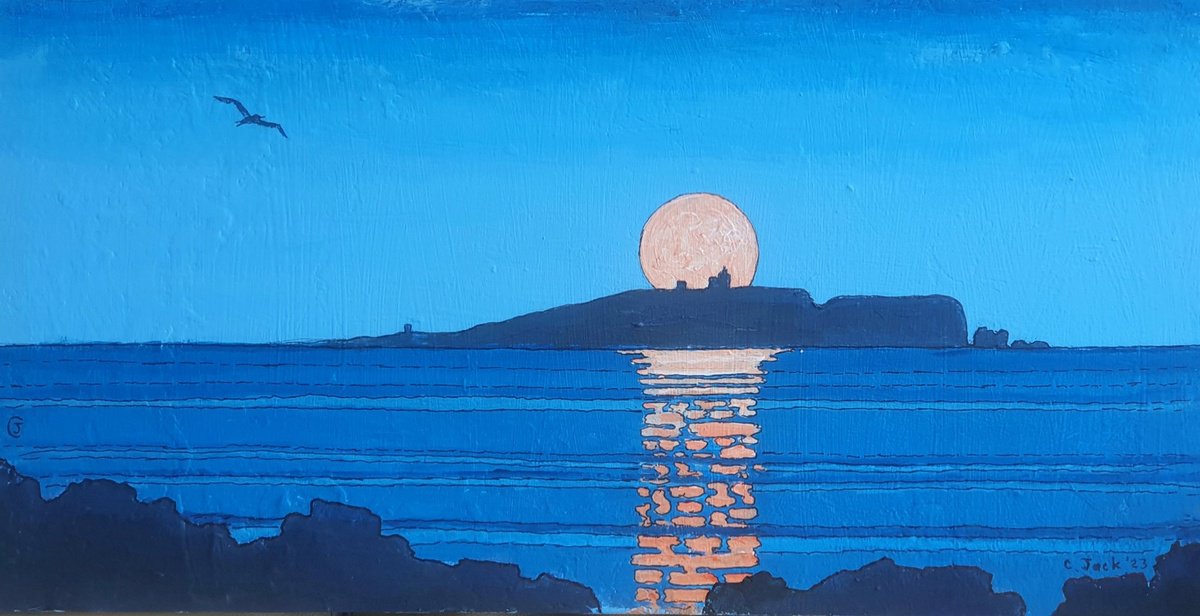 Landscape Acrylic Painting By Colin Ross Jack, 24 X 12, Monnrise Over Firth Of Forth Iii, Original Artwork