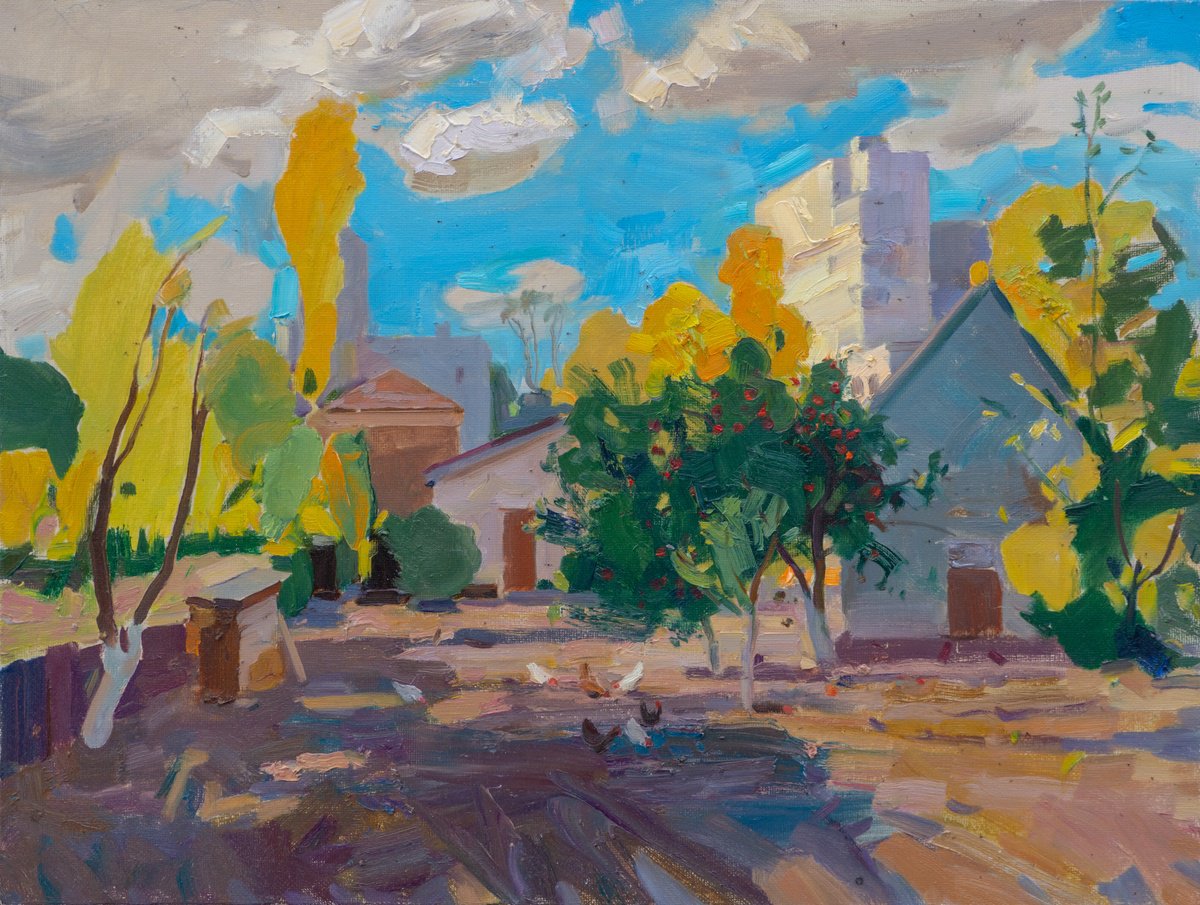 Impressionistic Animal Oil Painting By Victor Onyshchenko, 31 X 24", Yard With Chickens, Original Artwork