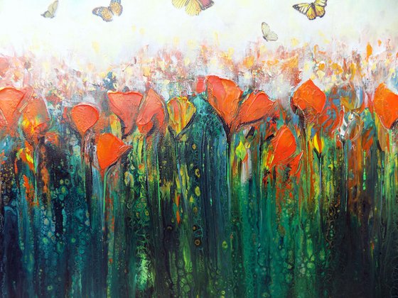 Welcome spring - Large abstract red flowers with butterflies, original artwork, abstract landscape