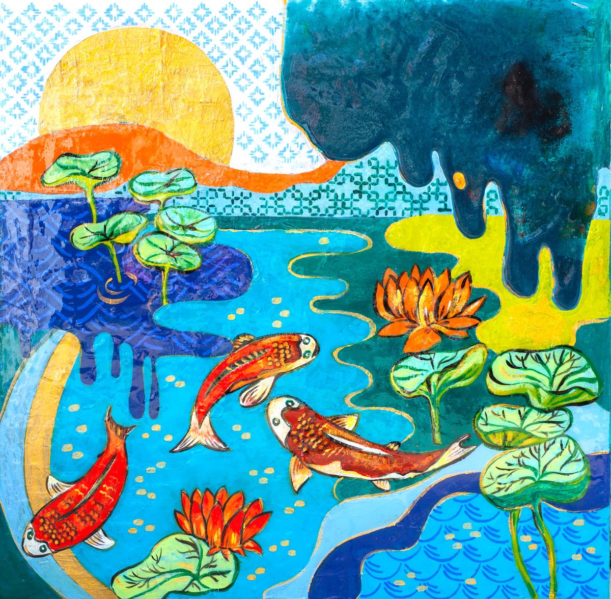 Naive Landscape Acrylic Painting By Ariadna De Raadt, 28 X 28, Zen Nature, Original Artwork