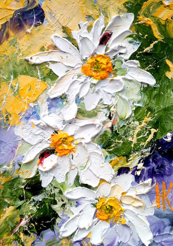 Daisy Painting Floral Original Art Ladybug Oil Impasto Artwork Chamomile Flower Small Home Wall Art 5 by 7" by Halyna Kirichenko