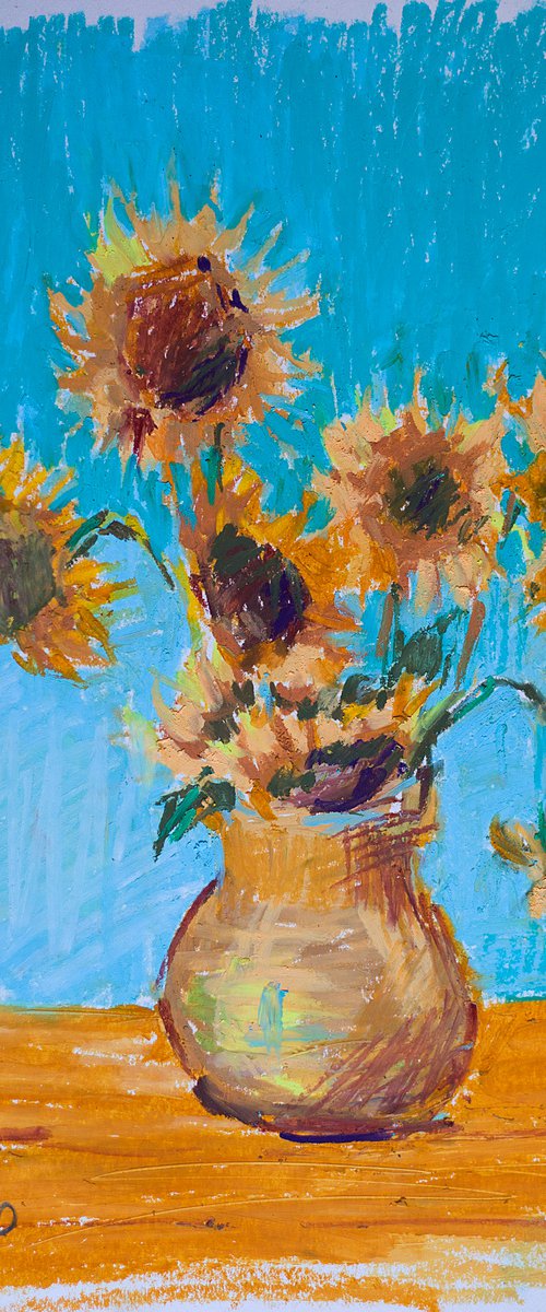 Still life with sunflowers. Thinking about Van Gogh. Oil pastel painting. small original flowers interior decor gift by Sasha Romm