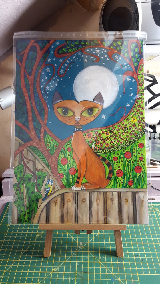 Cat, Blue Tit and Moon Painting