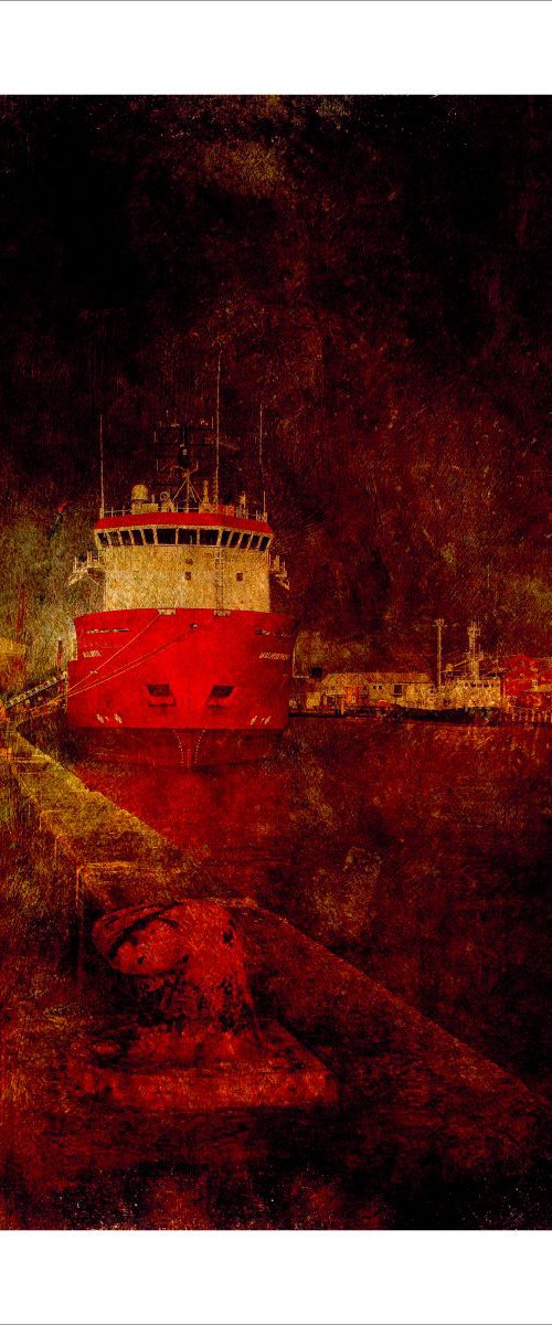 Red ship in port by Martin  Fry