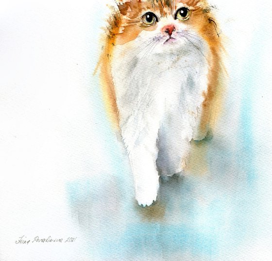 Red cute cat original watercolor artwork red cat with long tail , living room decor , farmhouse decor unique  gift  for pet lovers
