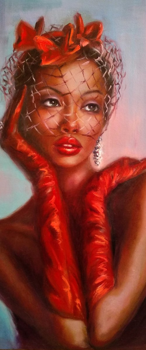 Woman Portrait Belle Noir Beauty Black Elegance with Red Gloves by Anastasia Art Line