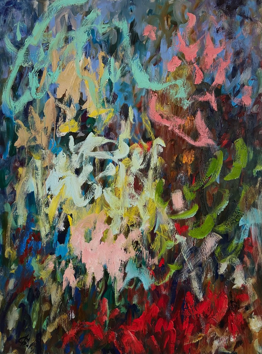 Expressive Abstract Oil Painting By Junija (Yuna) Galejeva, 24 X 31", Dancing Colours, Original Artwork