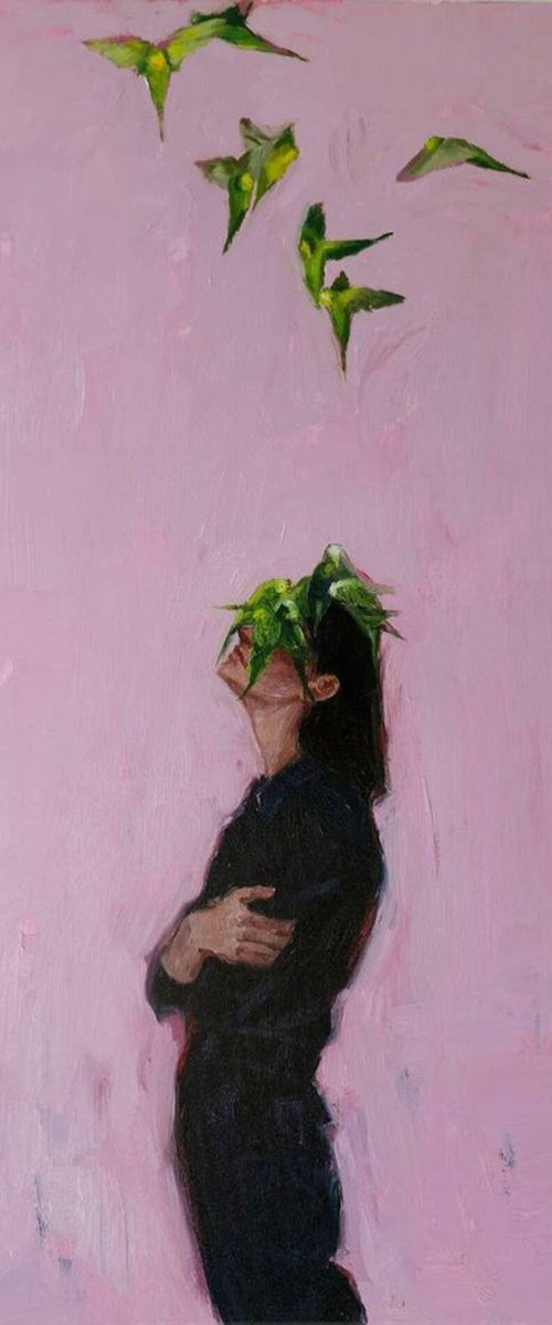 "Parrots" Dreamy girl parrot oil art by Yana Sagan