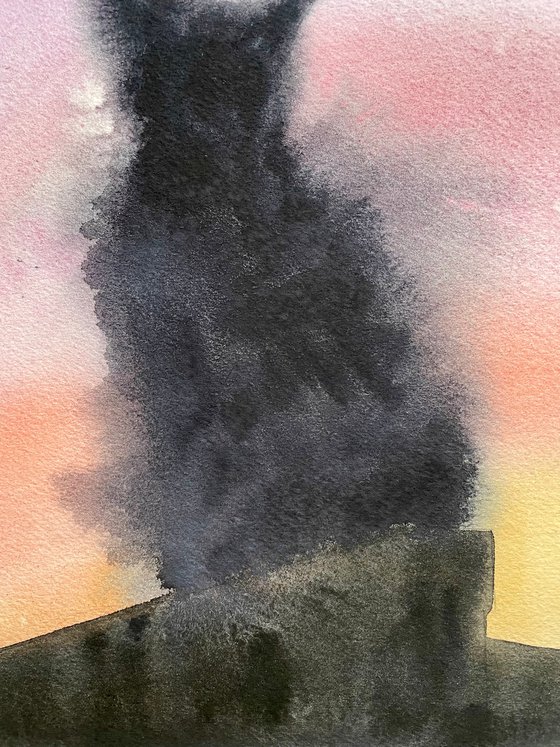 Cat Watercolor Painting, Abstract Black Cat Original Artwork, Sunset Wall Art, Cat Lover Gifts