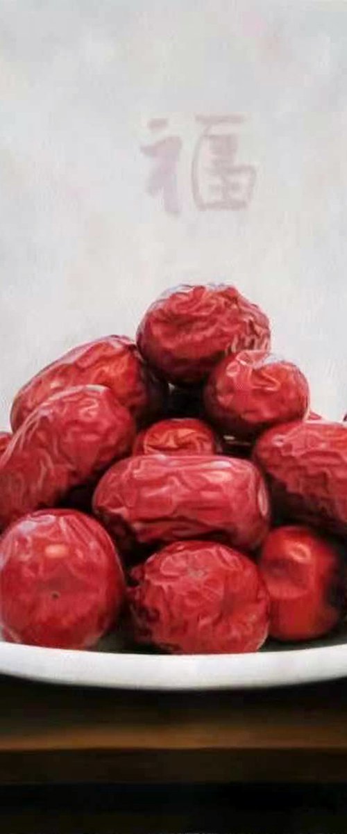 Original Still life oil painting:red dates in the bowl by Kunlong Wang