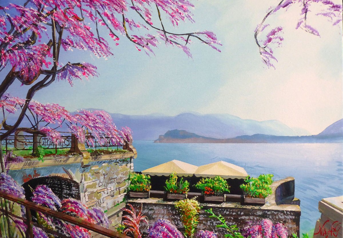 Impressionistic Landscape Acrylic Painting By Narek Hambardzumyan, 26 X 18", Picturesque Lakeside Cadenabia, Original Artwork