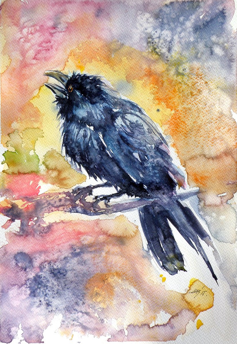 Impressionistic Animal Watercolour By Kovacs Anna Brigitta, 10 X 15", Crow In Autumn Iv, Original Artwork