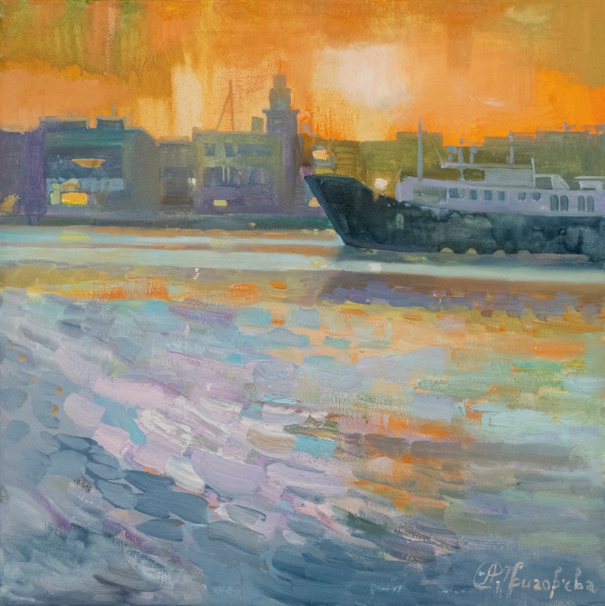 Impressionistic Landscape Oil Painting By Anastasiia Grygorieva, 20 X 20, Evening At The Port, Original Artwork