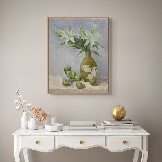 Still life with green apples