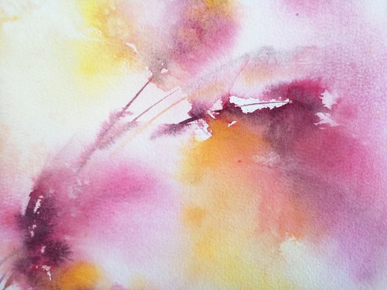 Pink and yellow abstract flower painting "November bouquet"