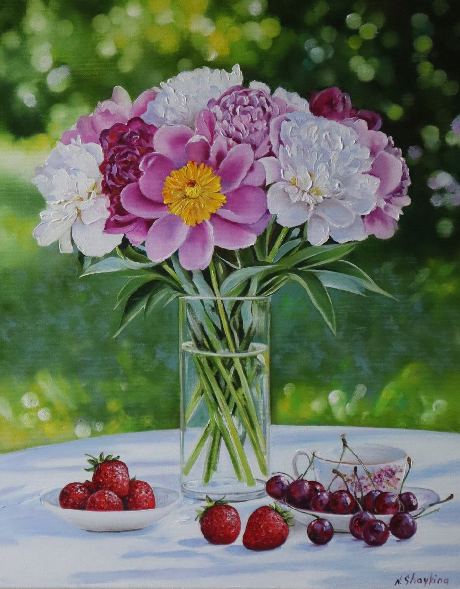 Photorealistic Oil Painting , Peonies And Summer Berries By Natalia Shaykina, 16 X 20, Artwork For Sale On Artfinder