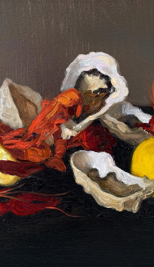 Still Life with boiled crayfish and oysters by Elina Arbidane