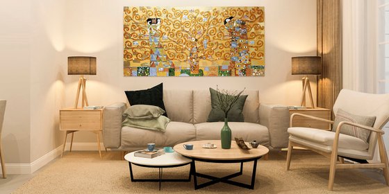 Tree of life. Large relief golden horizontal painting