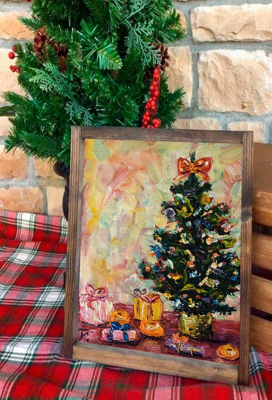 Christmas tree original oil painting on canvas, holiday decor, housewarming gift