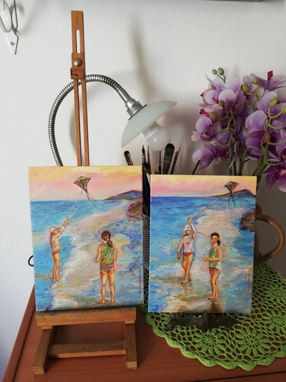 "Two Girls with a Kite" Original Oil Artwork 7 by 10" (18x24cm)