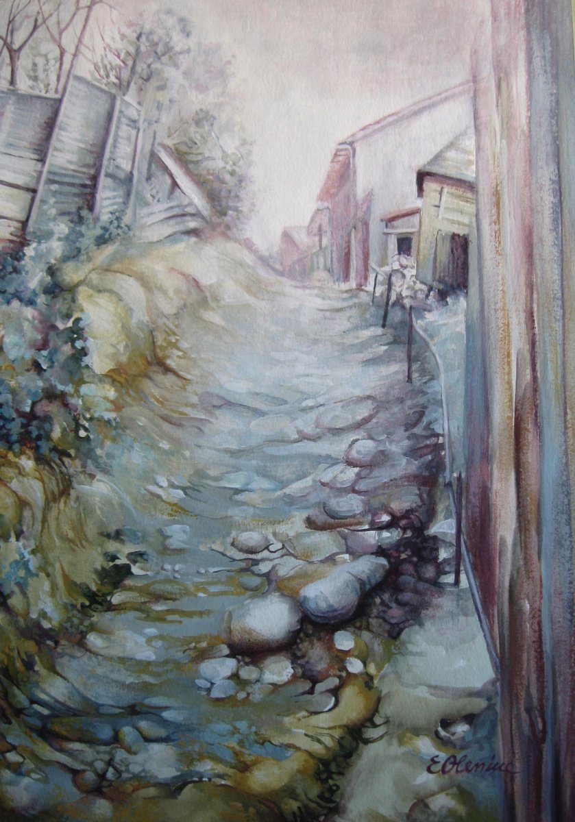 Graphic Landscape Watercolour By Elena Oleniuc, 13 X 19, Forgotten By Time, Original Artwork