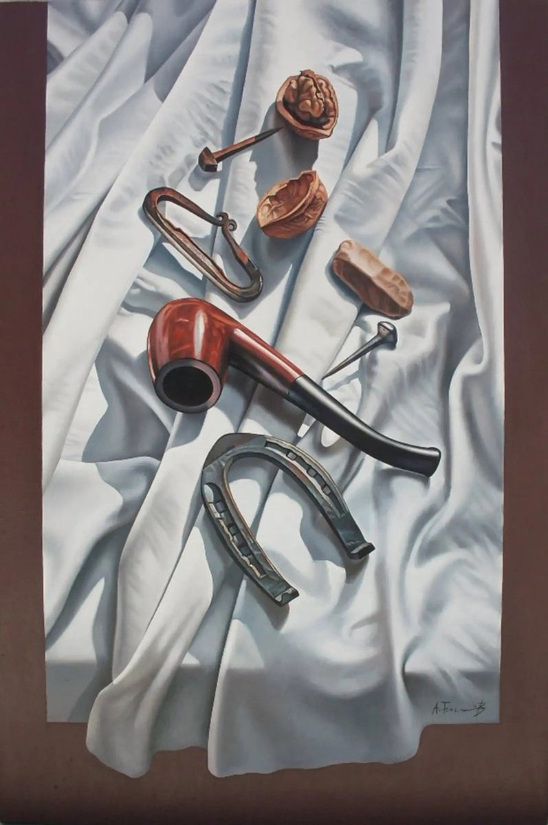 Photorealistic Still Life Oil Painting By Alexander Titorenkov, 24 X 35, Still Life With Drapery, Pipe And Horseshoe, Artfinder