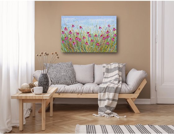 Pink Echinacea- Textured Floral Painting, Palette knife art