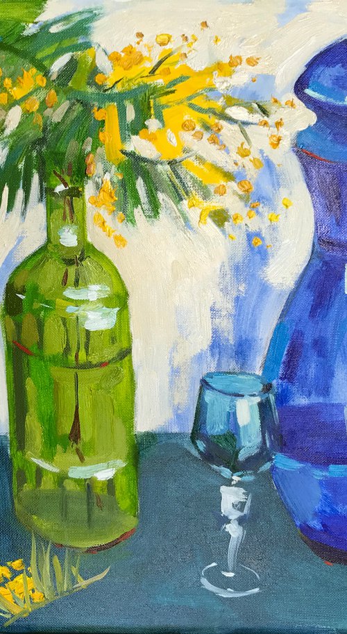 mimosa and blue decanter by Yuliia Pastukhova