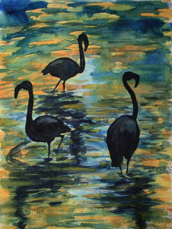 Flamingos... Sunset... /  ORIGINAL PAINTING