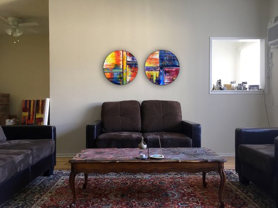 "Coming Full Circle" - Save As A Series - Original PMS Oil Painting Diptych On Circular Wooden Panels - 36 x 18 inches