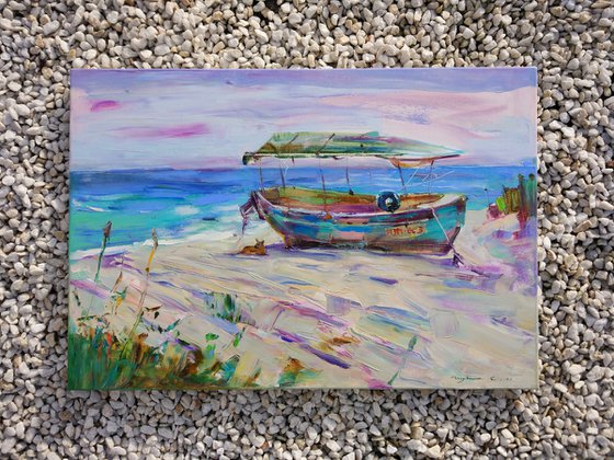 Sea , sun and relax . Dog and old boat . Original plein air oil painting .
