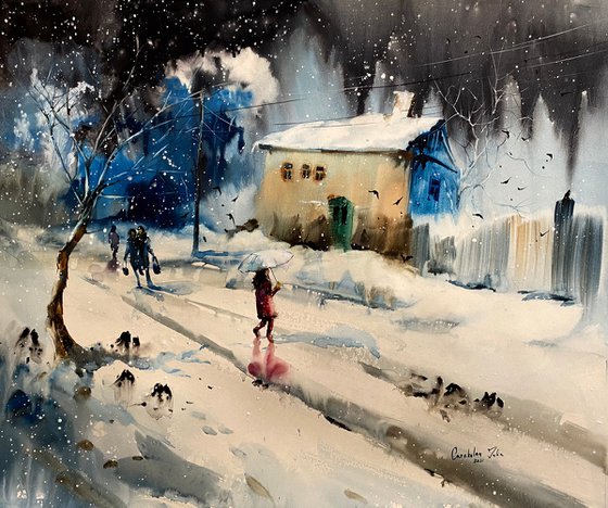 Watercolor “Snow time” perfect gift