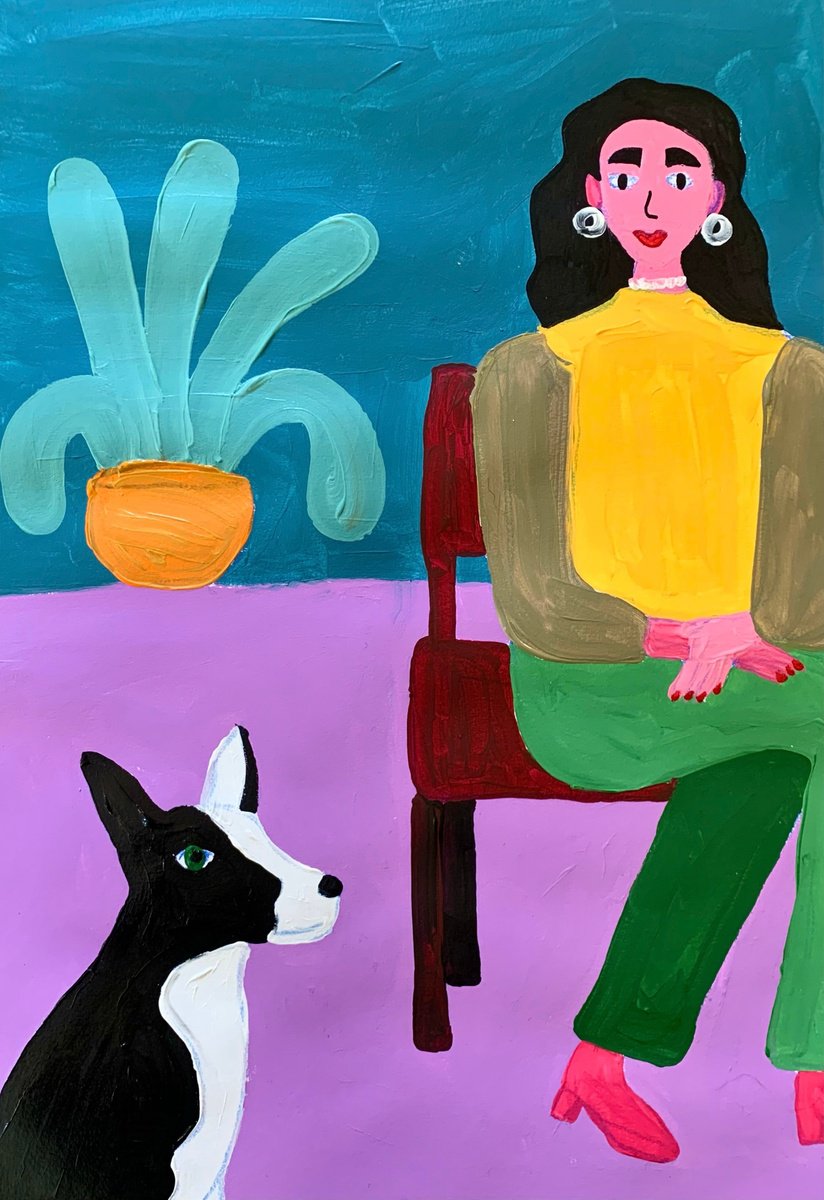 Urban And Pop Portrait Acrylic Painting By Aurora Camaiani, 14 X 20, The Girl And Her Dog, Original Artwork