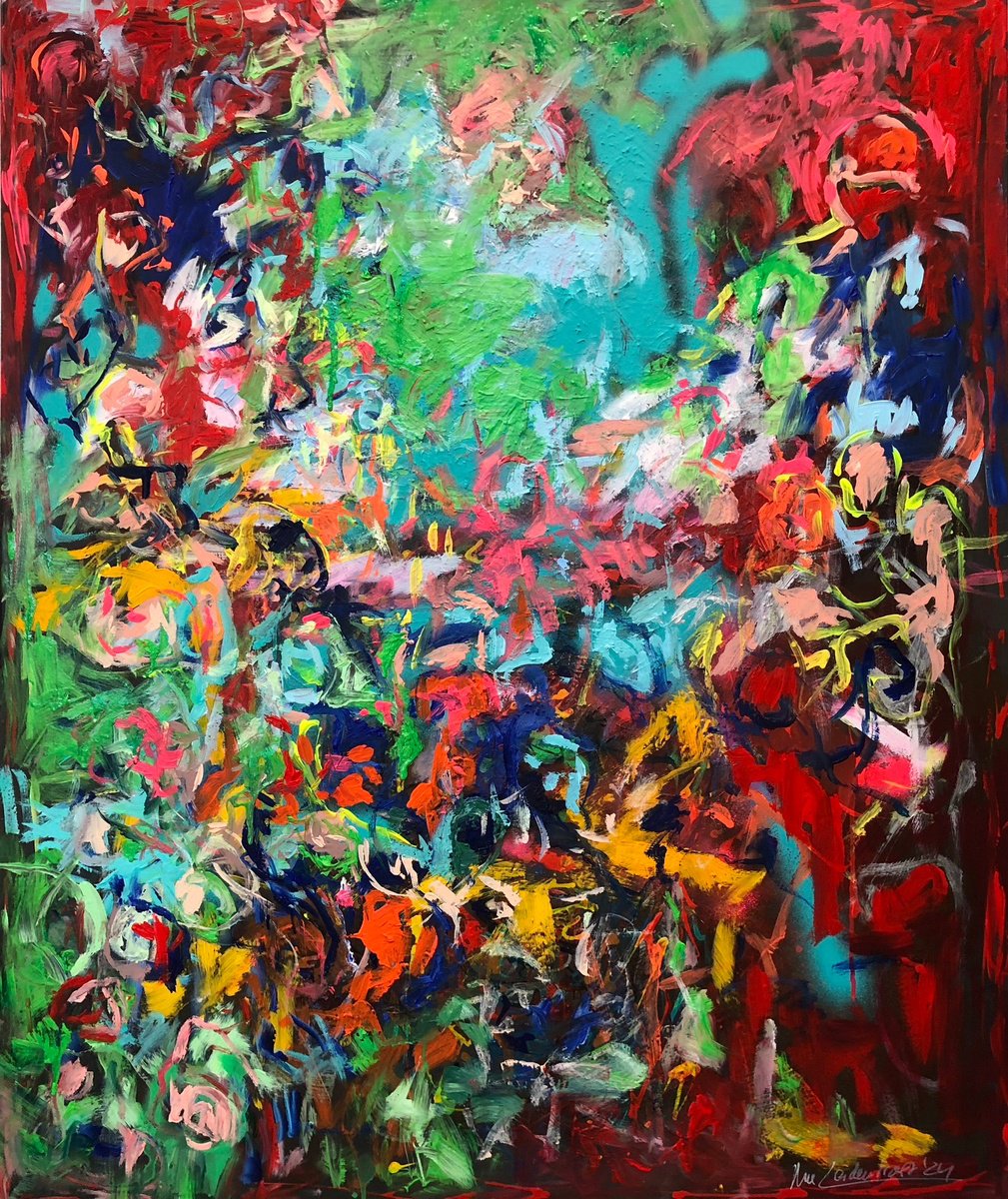 Expressive Abstract Acrylic Painting By Nicole Leidenfrost, 39 X 47", Dialogue Of Colors, Original Artwork